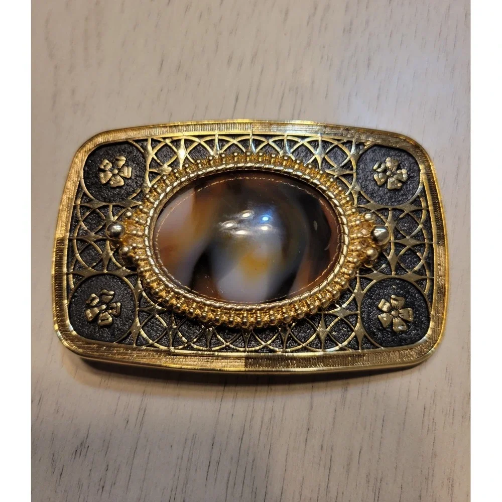 Vintage Gold Tone Filigree Belt Buckle with Agate Stone‎ Western Cowgirlcore
